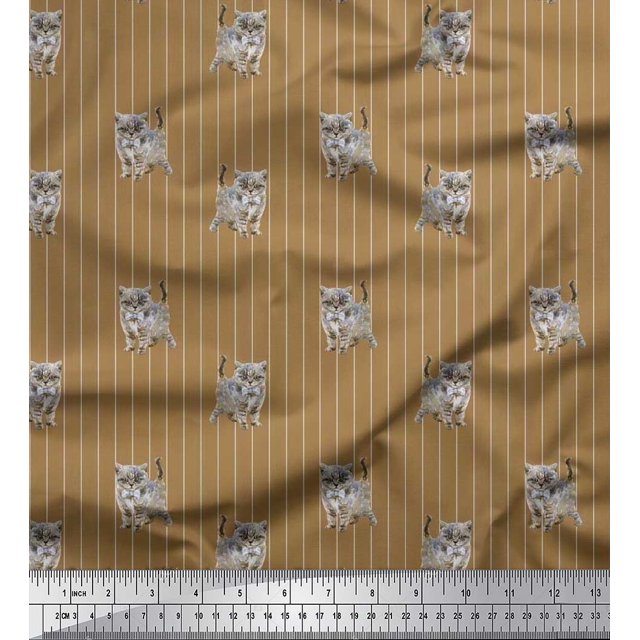 Soimoi Rayon Fabric Stripe & Cat Animal Decor Fabric Printed Yard 56 Inch Wide