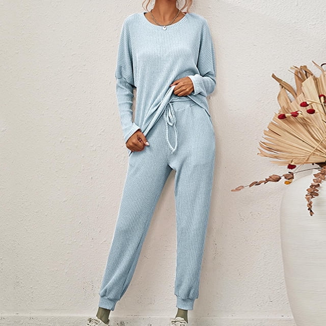 Meichang Women's Pajama Set 2 Piece Lounge Set Ribbed Knit Crew Neck Long Sleeve Pullover Tops Jogger Pants Set Fall Outfits Running Workout Sets Matching Tracksuit