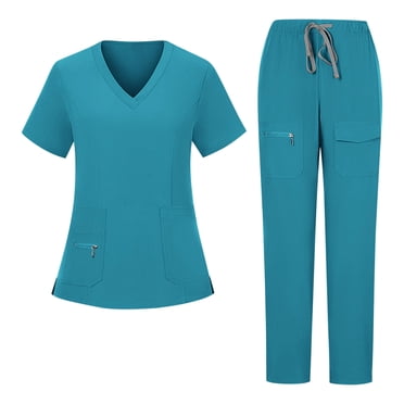 Amzcrzy Ensemble de Sarraus pour Femmes Col en V Manches Courtes Hauts de Sarrau Taille Élastique Pantalon à Cordon Tenue de Travail Couleur Unie Uniforme de Travail avec Poches