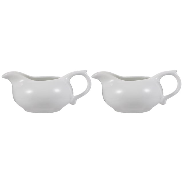 2Pcs Sauce Container Sauce Boat Coffee Ceramic Sauce Cup Ceramic Gravy Boat Gravy Container. Two white ceramic gravy boats with smooth surfaces and ergonomic grab handles, ideal for serving sauces, dressings, coffee froth, or gravy. Perfect for everyday use in dining or entertaining. Each measures 12.00X8.50X4.50cm (4.72X3.34X1.77in).