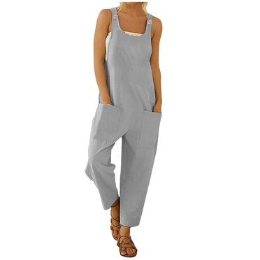 Tumotour Combinaisons pour Femmes Été Sans Manches Bretelles Spaghetti Combinaisons en Lin Confortables Pantalons Longs Larges Décontractés Couleur Unie Salopettes Amples avec Poches pour Tenues de Vacances à la Plage Tendance