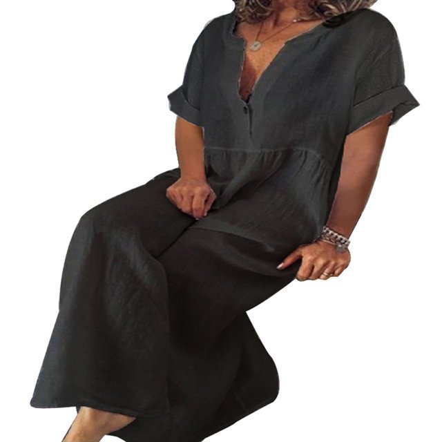 CHUANK Robe Maxi Ample à Manches Longues en Coton et Lin pour Femmes, Grande Taille, Unie, Boutonnée