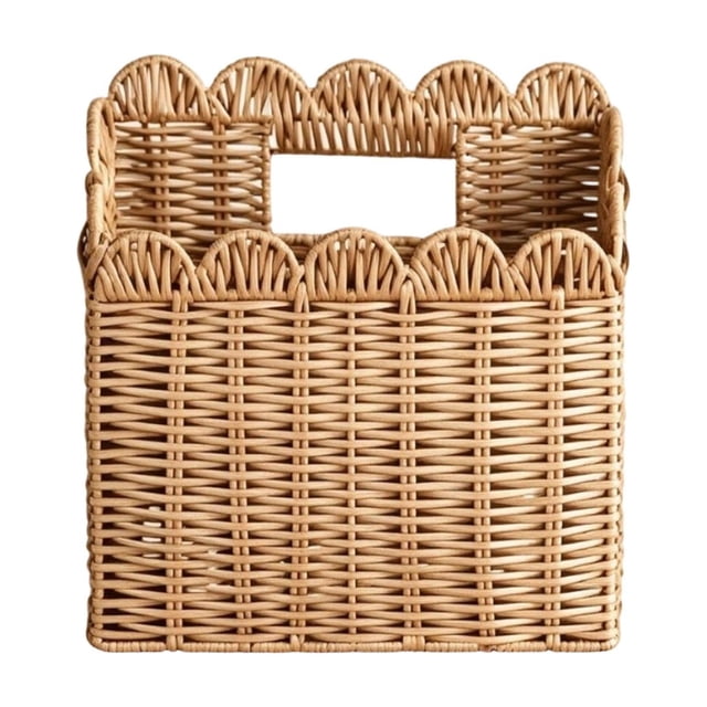 Aurorax Rattan Woven Storage Basket with Handles Scalloped Wall Hanging Organizer Basket Boho Decor Wall Mounted Space Saving Natural Rattan Storage Baskets for Home Decor