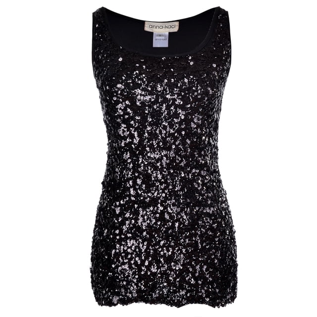 Débardeur Sans Manches à Encolure Ronde pour Femmes, Orné de Paillettes Scintillantes et Brillantes, Noir, Moyen