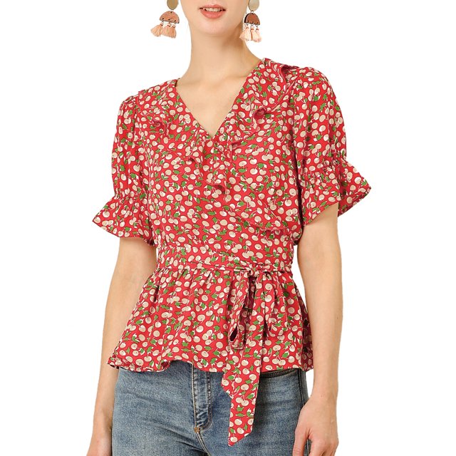 INSPIRE CHIC Women's Sweet Fruit Crossover V Neck Short Sleeves Ruffle Wrap Blouse