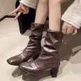 thumbnail image 2 of Coffee Mid Calf Boots For Ladies Pointed Toe Rear Zipper Chunky Heel High Heel Pleated Winter Casual Shoes For Cold Weather Outings Size 37, 2 of 5