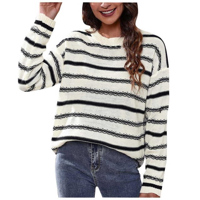 IROINID Pull à Col Rond pour Femmes Rayures Confortable Mi-Longueur Manches Longues Tricotage Récréatif Hauts