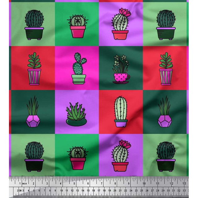 Soimoi Satin Silk Fabric Cactus Tree Printed Fabric 1 Yard 42 Inch Wide
