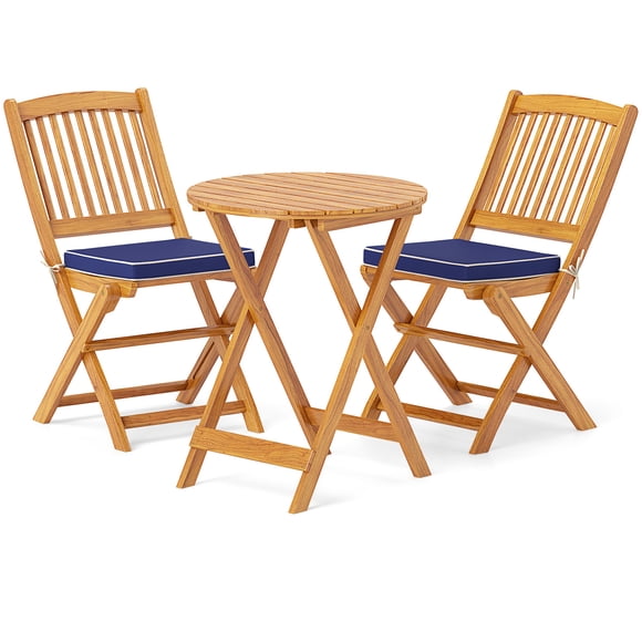 Gymax 3 Pieces Acacia Wood Patio Bistro Set Outdoor Folding Table & Chairs Set w/ Padded Cushions