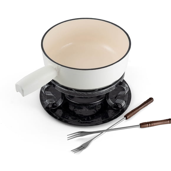 Swissmar Lugano 9 Piece Cast Iron Cheese Fondue Set, 2 QT / 2 L – Matte White, Perfect for Melting Cheese & Holiday Gifting