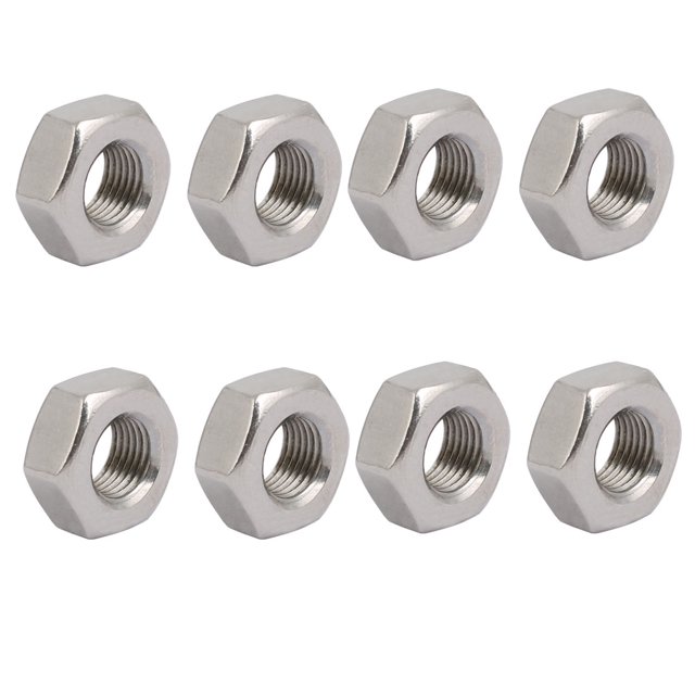 Unique Bargains 8pcs M10 x 1mm Pitch Metric Fine Thread 304 Stainless Steel Hex Nuts. These silver-tone hex nuts are made of 304 stainless steel, offering strength and corrosion resistance. Each nut has a metric thread diameter of M10 (0.39 inches) with a fine thread pitch of 1mm. Dimensions are 17 x 8mm (0.67 x 0.31 inches, width x thickness). Suitable for various applications in home improvement, automotive, and industrial settings.