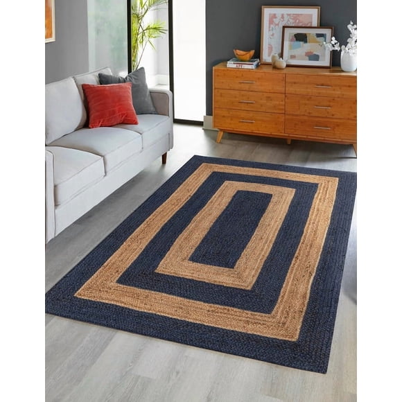 Aizza Trends 10x14 Ft Navy Blue & Natural Jute Area Rug, Boho Chic Natural Jute Area Rug - Hand-Braided, Rustic Farmhouse Decor for Living Room Carpet,