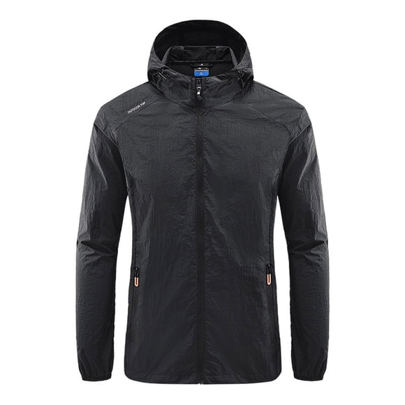 TIMIFIS Mens Black BlackJacket Waterproof with Hooded Hiking Coat Lightweight Windbreaker Zip Jacket Sun Protection Work Coat Windbreaker for Hiking Travel-BlackFall