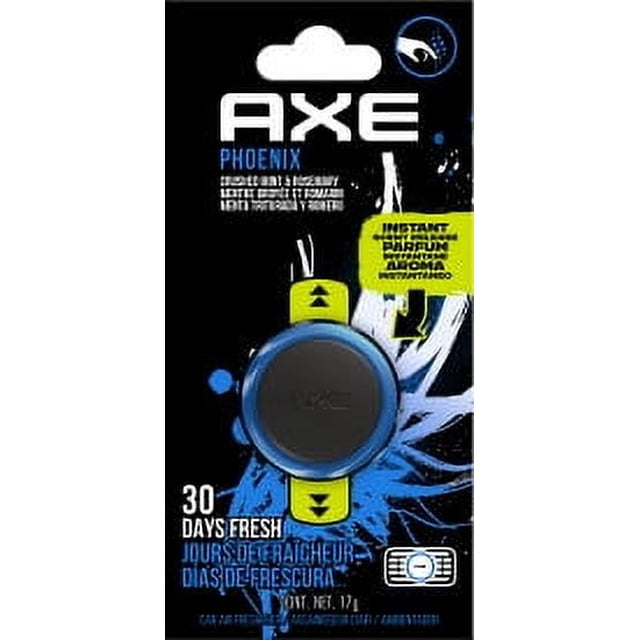 Axe Mini Vent Clip Car Air Freshener in Phoenix scent featuring a circular ceramic core and yellow POM clip, designed to attach securely to car vents and provide up to 30 days of fresh fragrance for vehicle interiors.