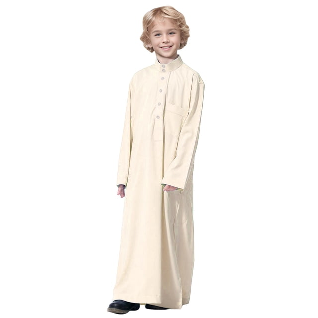 Kcodviy Thobe Arabe Thobe Musulman Barboteuse Combinaisons Manches Longues Caftan Col Ras du Cou Tenue d'Été pour Bébé Garçon Robe Nationale Garçons Adolescents Robe Brodée à Manches Longues Ensemble Vêtements pour Enfants Arabes Robe