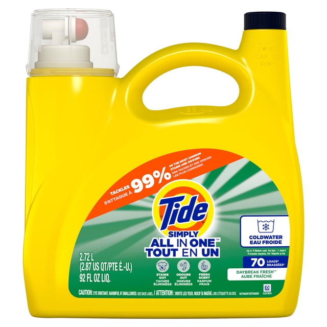 Tide Simply Liquid Laundry Detergent Daybreak Fresh Scent All-In-One in a yellow 2.72 L bottle with built-in measuring cup, designed for cold water use and removing 99% of common stains and odors, suitable for 70 loads and household cleaning.
