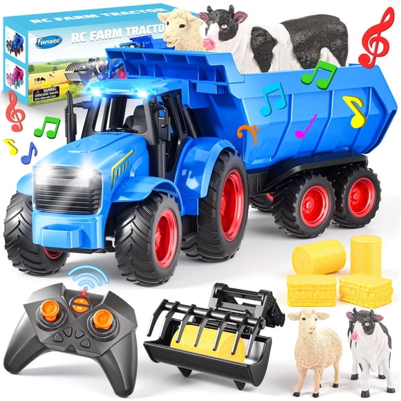 Funwee RC Tractor Toy Set with Light & Sound, Kids Farm Car Animal Trailer Wheels Remote Truck, Outdoor Vehicle Toys Birthday Gift Idea for 3 4 5 6 7