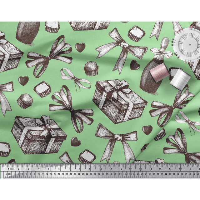 Soimoi Crepe Silk Fabric Ribbons,Gift Box & Wine Bottle Party Print Fabric by Yard 42 Inch Wide