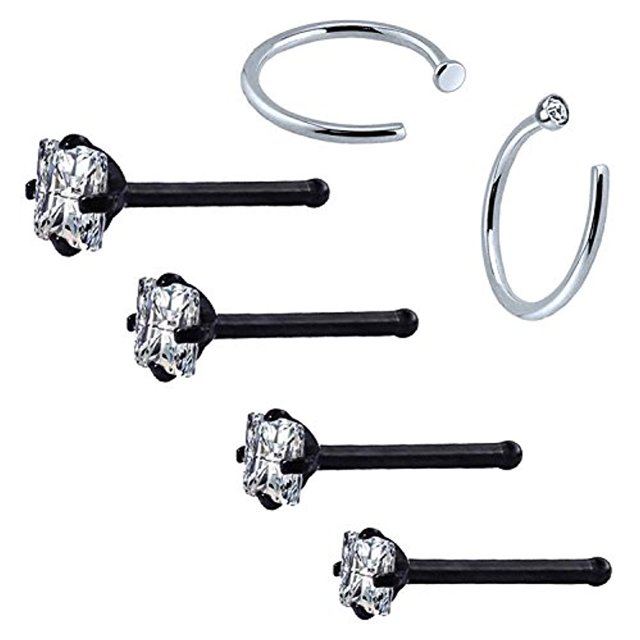 BodyJ4You 6PCS Nose Rings Studs Hoop 20G Stainless Steel Black Bone Pin Body Piercing Jewelry (0.8mm)