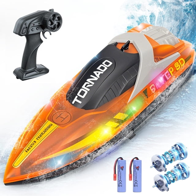 GRM RC Boat for Pools and Lakes, 2.4G 15+ MPH Fast Remote Control Boat with LED Lights, Racing Boats for Kids & Adults with 2 Rechargeable Battery, Gifts for Boys Girls (Orange)