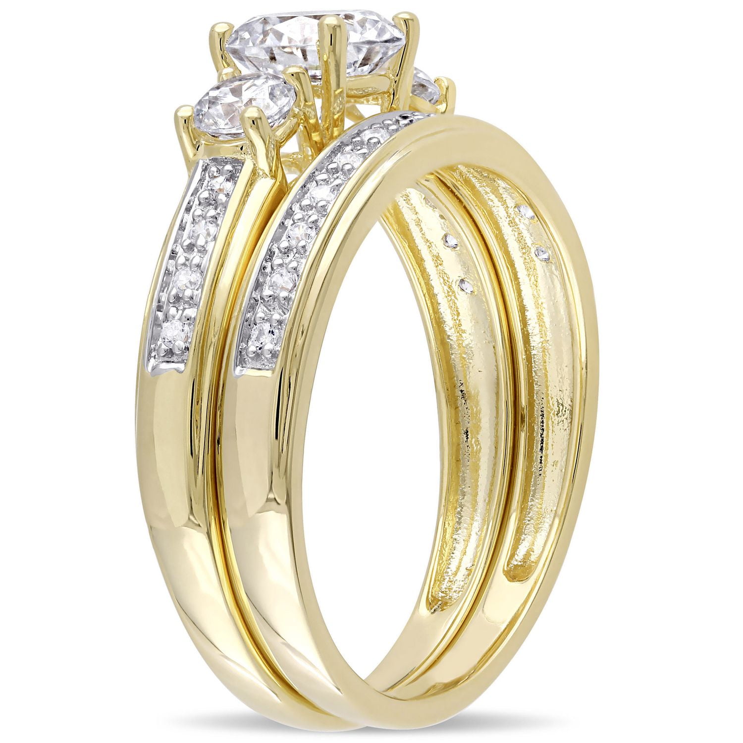 Miabella 2.20 Carat T.G.W Cubic Zirconia Yellow Rhodium-Plated Sterling Silver Three Stone Bridal Set
