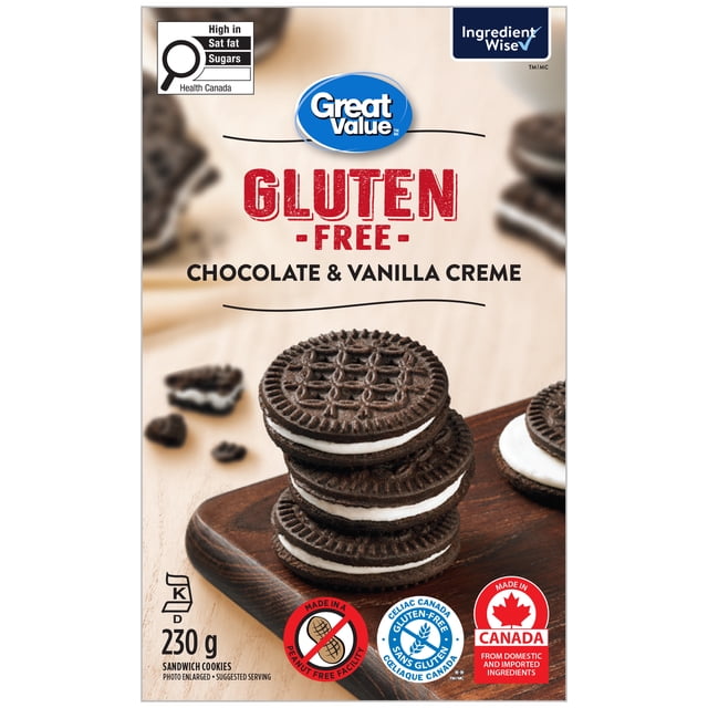 Great Value Gluten Free Chocolate & Vanilla Creme Sandwich Cookies stacked on a wooden board, showing chocolate biscuits with white vanilla creme filling, certified gluten-free by Canadian Celiac Association, made in a peanut-free facility, and produced in Canada from domestic and imported ingredients.