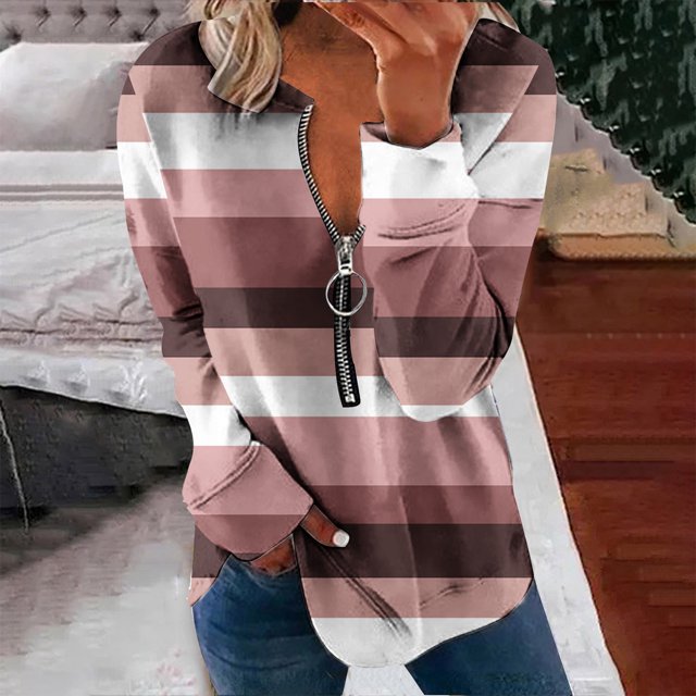 Chandails à Capuchon Mode pour Femmes 2023 Hauts Automne Manches Longues Ample Chandail à Enfiler Chemise Chic Décontracté Dames Rayé Col Rond Chandails 50 % de Rabais Liquidation Costumes d'Halloween/Noël