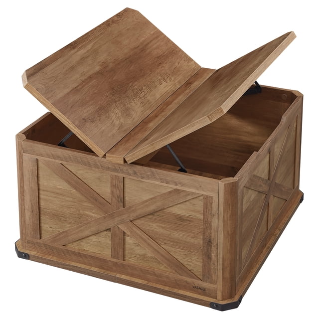 VASAGLE Table Basse Style Ferme avec Rangement, Table Basse Carrée Brun Miel avec design de Porte de Grange Rustique et accents d'Angle en Métal. Fabriquée en Panneau de Particules et MDF, Elle Comprend Deux Couvercles à Rabat Qui s'Ouvrent sur un Compartiment de Rangement de 56 Gallons. la Table Mesure 31,5 Pouces de Large et de Profond, avec une Hauteur de 17,7 Pouces, Offrant un Vaste Espace pour la Déco, les Collations Ou les Livres.