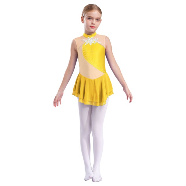 Oyolan Robe de Patinage Artistique pour Filles, Sans Manches, à Strass et Fleurs, avec Paillettes, Empiècement en Maille, Robe de Ballet et de Patinage à Roulettes, Jaune, 16