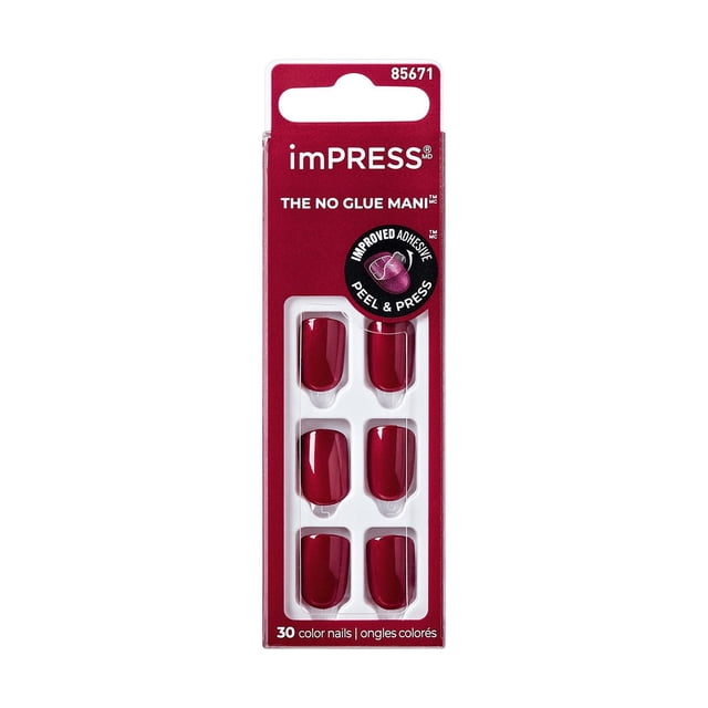 KISS ImPRESS Couleur - Faux Ongles, 30 Unités, Courts, Paquet d'Ampoules Orientées vers l'Avant Montrant six Ongles Courts, Ongles Rouges Unis à Presser avec Technologie Adhésive Améliorée de Pelage et de Pressage pour une application Facile, Sans Colle et une Manucure de Qualité Salon à la Maison.