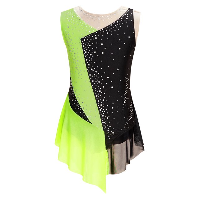 MSemis Kids Girls Shiny Diamond Color Block Mesh Splice Gymnastics Leotard Skating Jumpsuit Dance Fluorescent Yellow 14