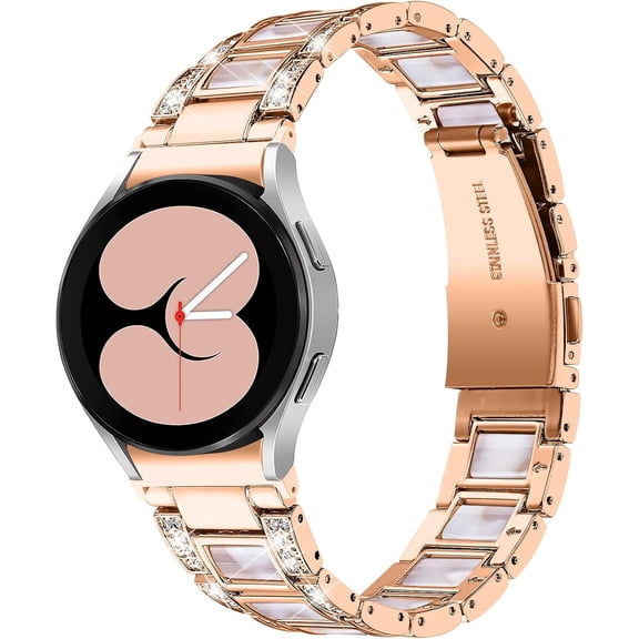 KOMI 20mm Watch Band Compatible with Samsung Galaxy Watch 5/5 pro/Galaxy Watch 4 40mm 44mm/Watch 4 Classic 42/46mm, Stainless Steel Metal for Samsung Galaxy Strap Women Men Rose Gold/Pink Flower