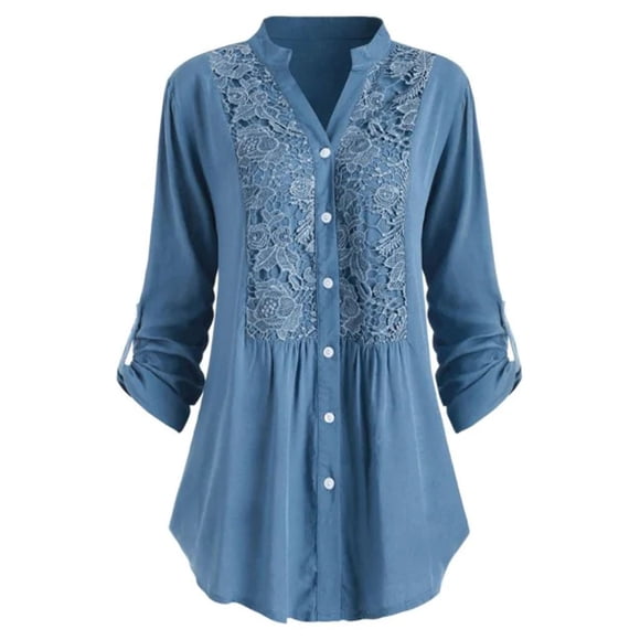 Summer Tops Women Ladies Large Size Button Lace V Neck Long Sleeve Shirt Blous Summer Blouses for Women on Clearance