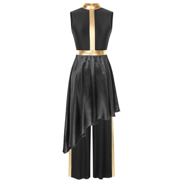 dPois Robe de Danse de Louange pour Femmes Sans Manches Métallisée Ourlet Asymétrique Robe + Pantalon Ample Noir P