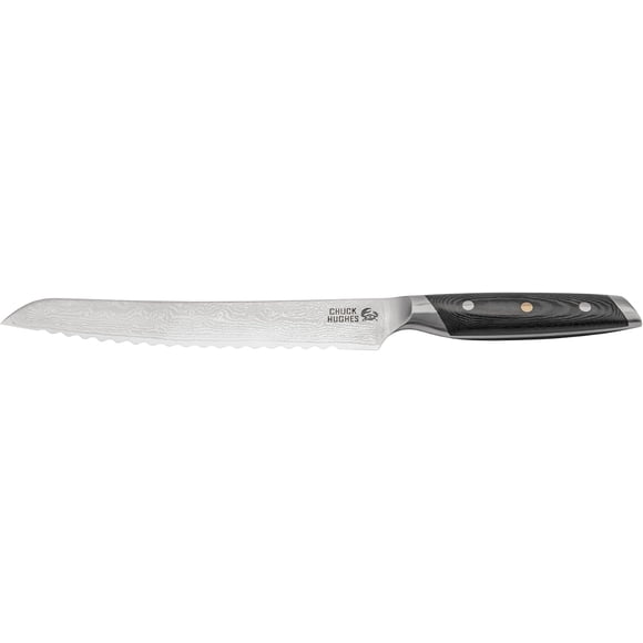 Chuck Hughes Couteau à Pain Dentelé Damas de 9 Pouces – Trancheur de Pain Tranchant comme un Rasoir de Qualité Supérieure, Couteau de Cuisine de Qualité Chef avec Poignée Ergonomique