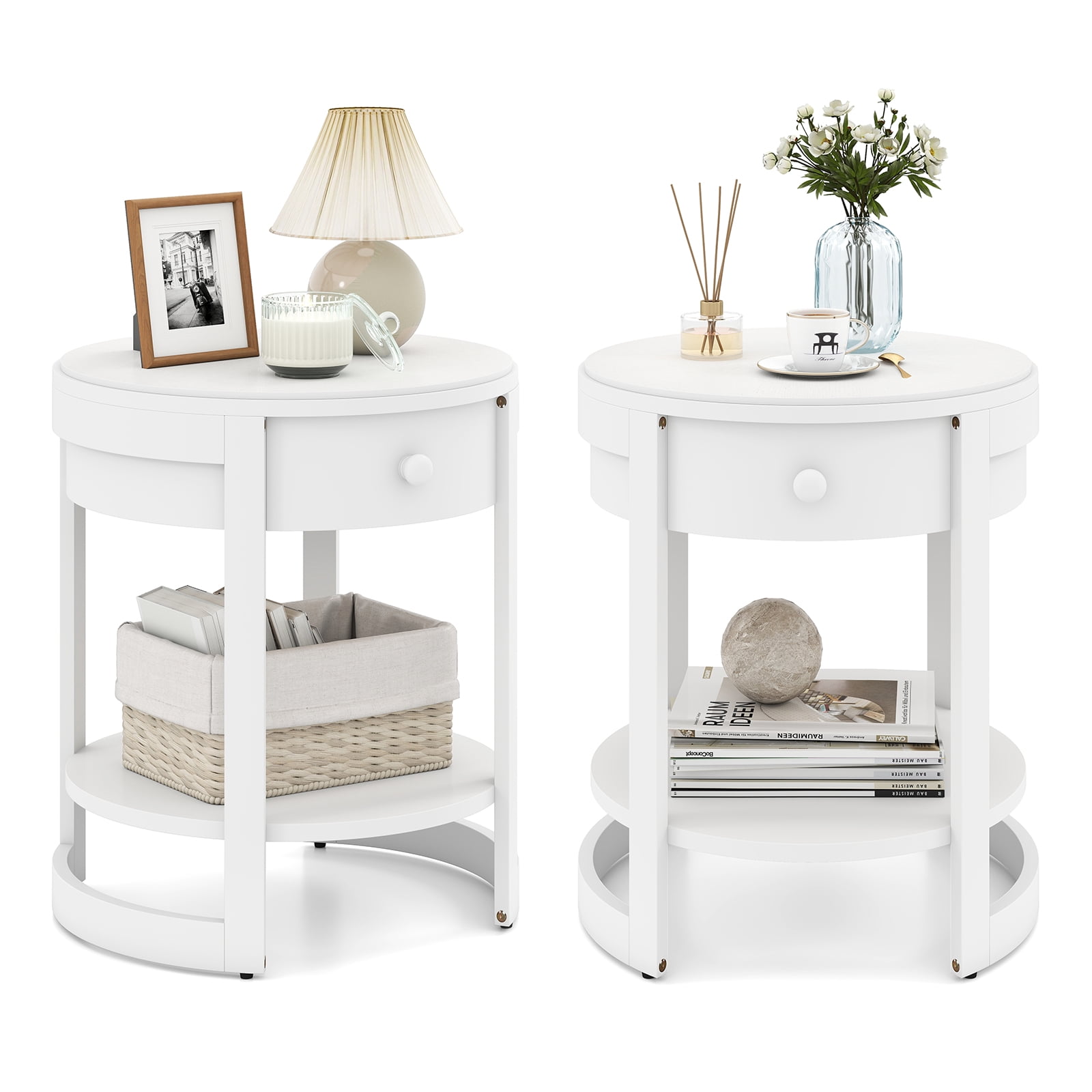 Gymax 2PCS Nightstand w/ Shelf & Wood Grains Drawer Round End Table for Living Room