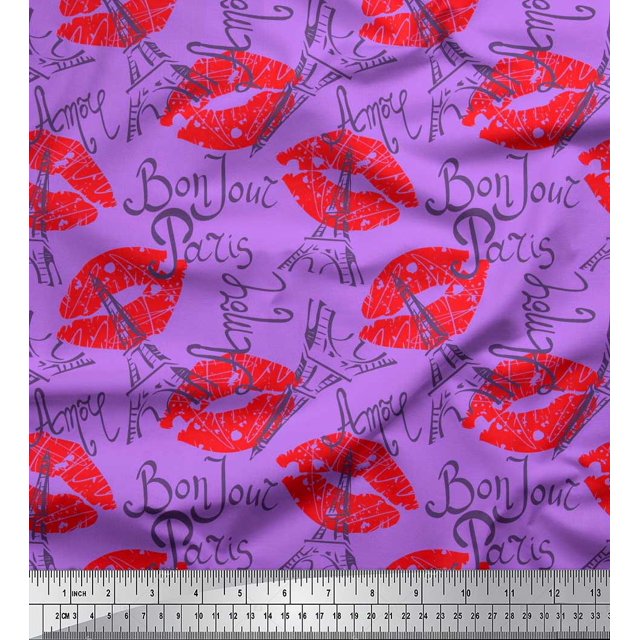 Soimoi Purple polyester Crepe Fabric Text,Eiffel Tower & Lips Women Decor Fabric Printed Yard 42 Inch Wide