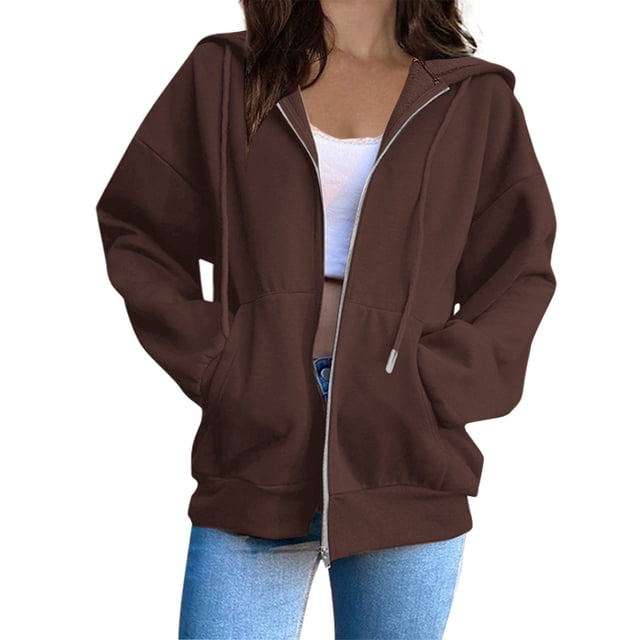 MeetoTime Sweat à Capuche Zippé pour Femmes, Manches Longues, Veste d'Automne en Polaire avec Poches