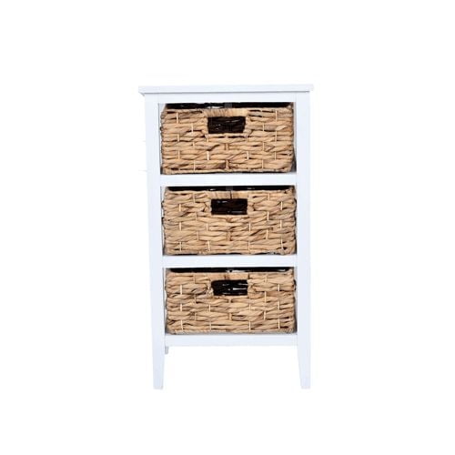 Tour de Rangement à Paniers à Trois Tiroirs avec un Bois de Pin Massif Blanc et un Cadre en MDF, Comprenant Trois Tiroirs de Paniers en Jacinthe d'Eau Naturelle Tissés à la Main avec Poignées Découpées, Idéal pour Organiser les Vêtements, les Articles de Garde-Robe Ou les Petits Essentiels Ménagers.