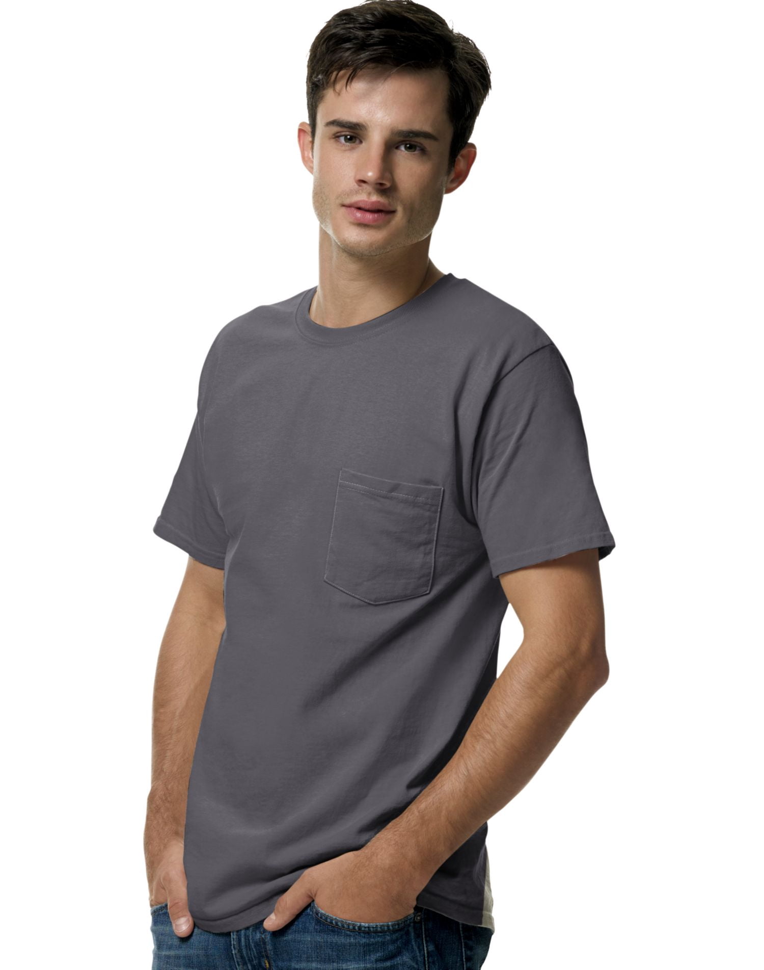 Hanes TAGLESS Men`s Pocket T-Shirt, M, Smoke Gray