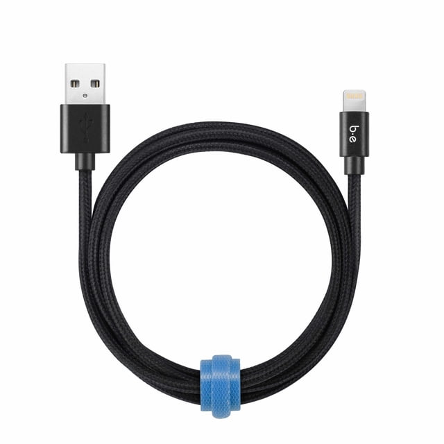 Blu Element Braided Charge/Sync Lightning to USB-A Cable 4ft Black coiled with a blue cable tie, featuring a black braided exterior, USB-A male connector on one end, and Lightning male connector on the other, ideal for charging and data transfer with USB car and wall chargers.