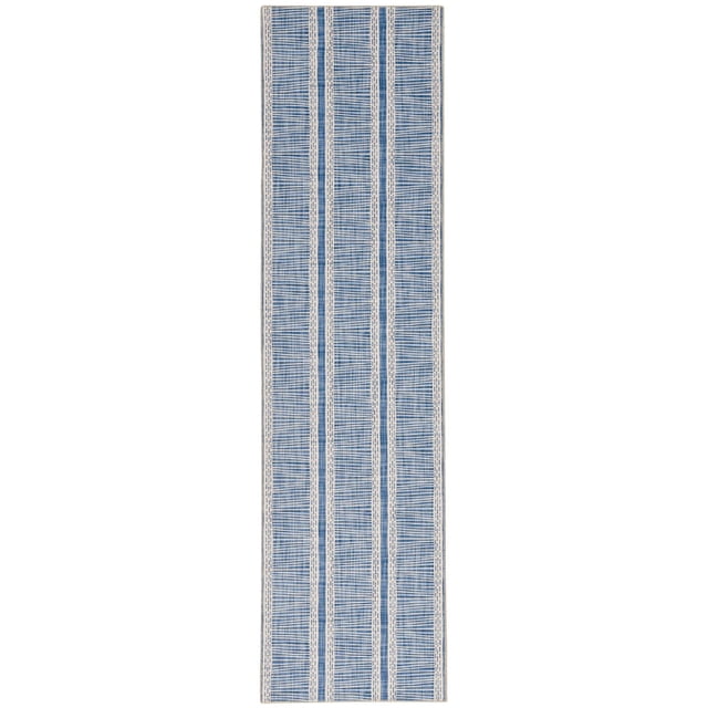 Wallen 2' x 8' washable runner rug in ivory and blue featuring vertical stripes with stitched detailing, made of stain-resistant 100% polyester with nonslip backing, suitable for high-traffic areas like kitchens and hallways, and machine washable for easy care.