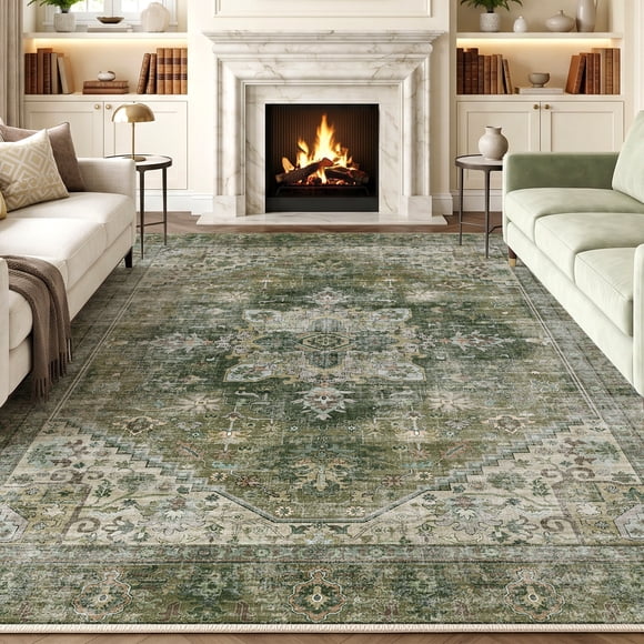 Exenoray Washable Bohemian Area Rug, Non-Slip Low Pile Printed Rug, Polyester Surface, Vintage Green, 8' x 10'