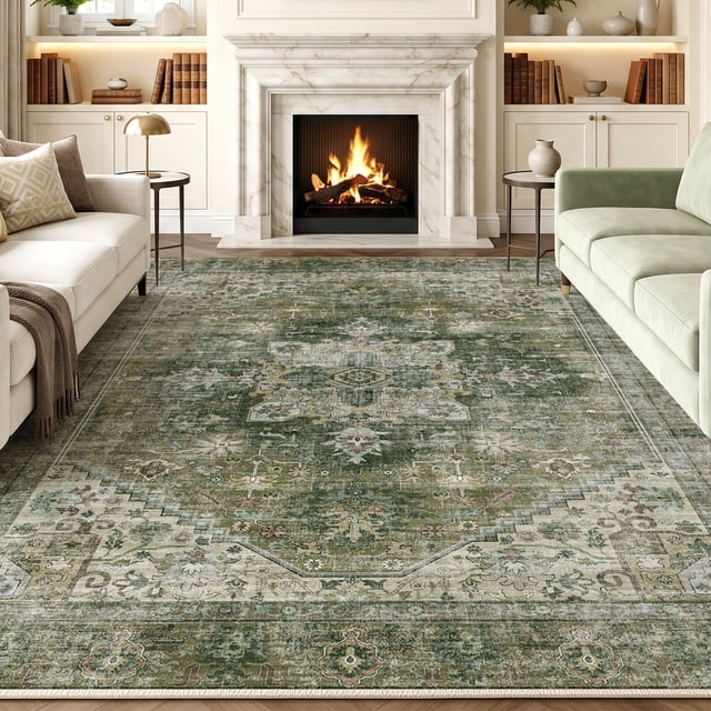 Exenoray Washable Bohemian Area Rug, Non-Slip Low Pile Printed Rug, Polyester Surface, Vintage Green, 8' x 10'