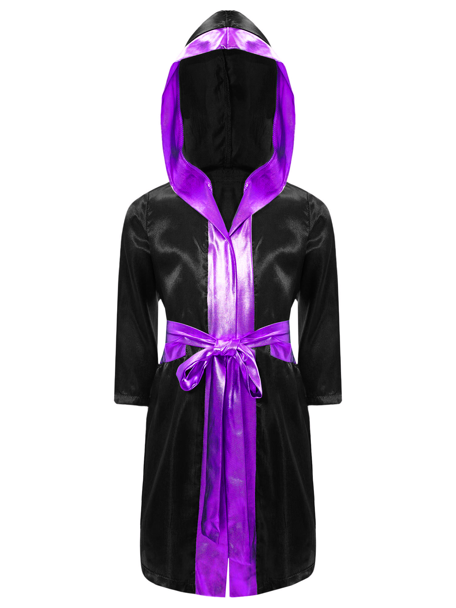 Alvivi Kids Boys Boxing Robe Martial Art Muay Thai Uniform Long Sleeve Kick Boxing Hooded Robe Outfits Black&Purple B 14