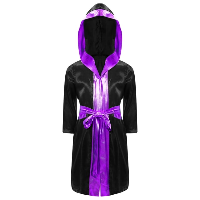 Alvivi Enfants Garçons Robe de Boxe Art Martial Muay Thaï Uniforme Manches Longues Kick Boxe Robe à Capuche Ensembles Noir&Violet B 10