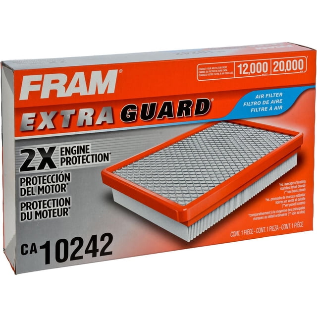 FRAM CA10242 Air Filtre à à protection Supplémentaire avec Cadre orange et Milieu de filtration Plissé Blanc, Conçu pour la filtration de l'Air du Moteur Offrant une protection 2X du Moteur et Durant jusqu'à 12 000 miles (20 000 km), Montré dans une Vue avant Inclinée sur l'Emballage de Vente au Détail.