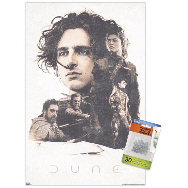 Dune: Part 2 - Group Wall Poster, 22.375" x 34", featuring five characters from the Dune movie in detailed costumes on a sandy textured background with the title 'Dune' at the bottom, printed on glossy paper with included clear pushpins for easy, damage-free hanging, suitable for decorating bedrooms, offices, or dorm rooms.