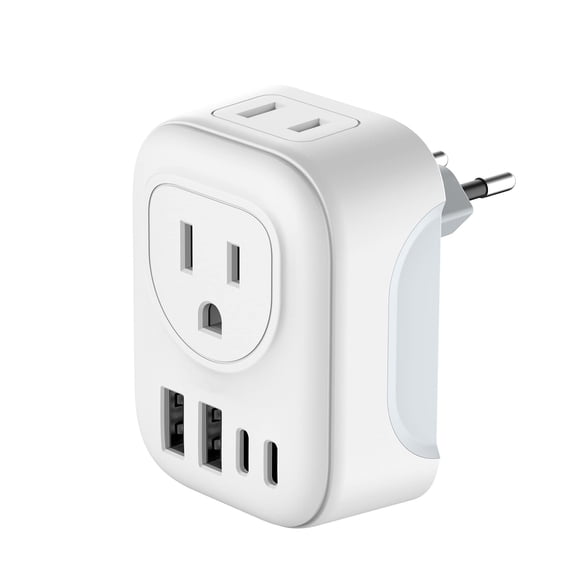 Adaptateur d'Alimentation de Voyage International, 6-en-1 avec 2 Prises Américaines, 2 Ports USB-C et 2 Ports USB-A, Chargeur Type C pour les États-Unis vers l'Europe l'Islande l'Espagne l'Italie la France l'Allemagne et Plus