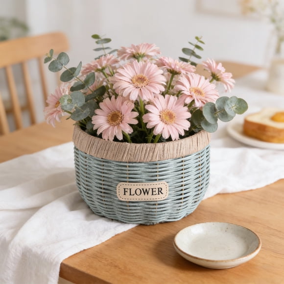 Hand Woven Rattan Flower Basket,Rustic Plastic Planter Pot For Succulents Orchid Greeneries,Decorative Lightweight Flower Pot,Dining Table Picnic Wedding Home Garden Centerpiece Decor